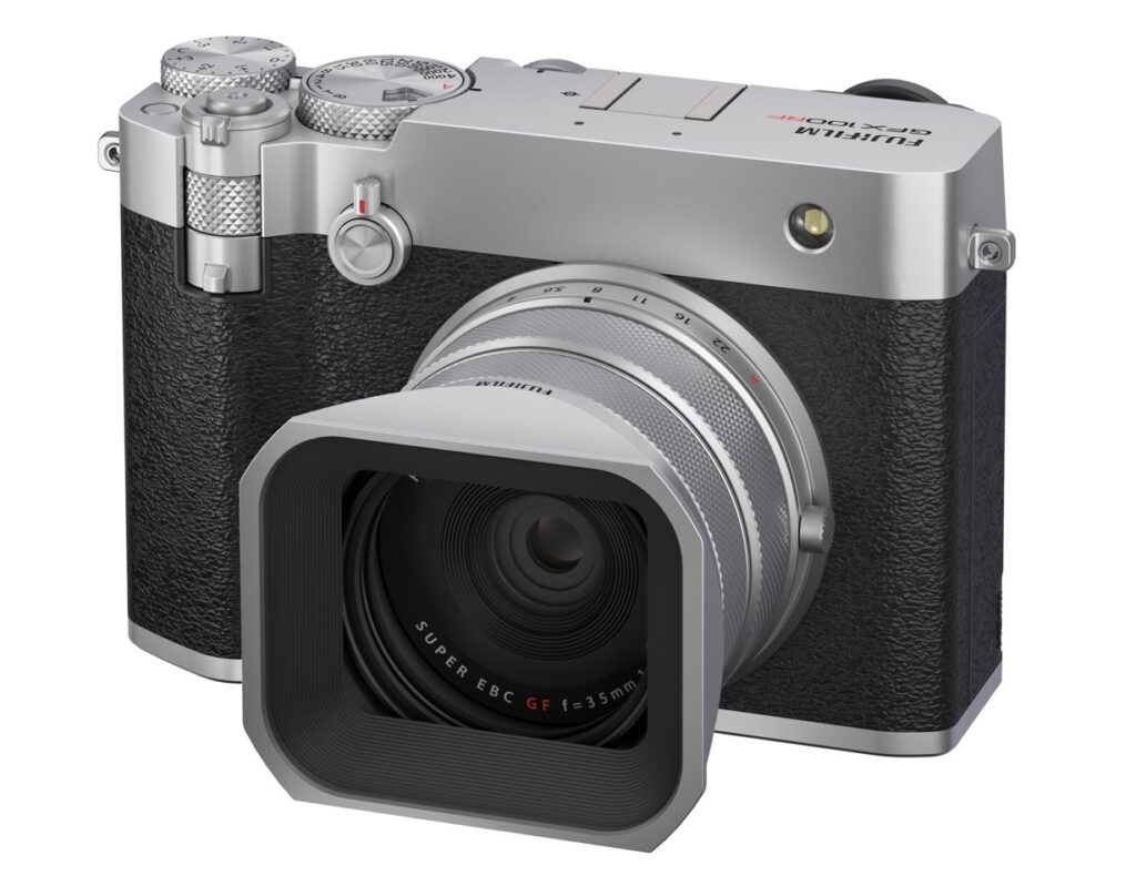 Fujifilm GFX100RF camera in black and silver