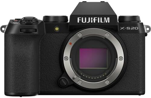 Top view of the Fujifilm X-S20 mirrorless camera showing control dials, hot shoe, and shutter button layout.