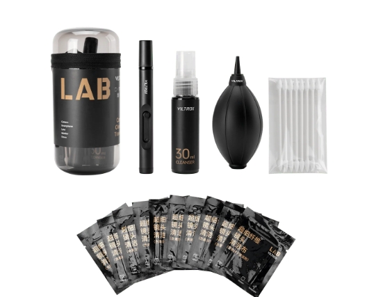 A Viltrox camera cleaning kit is displayed on a white background